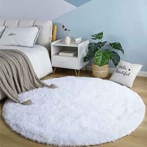 8724– Tapis Rond à Poils Longs, (Blanc,Ø 180 cm Rond) neuf