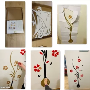 1500 – Autocollant mural 3D en acrylique motif vase et fleurs neuf