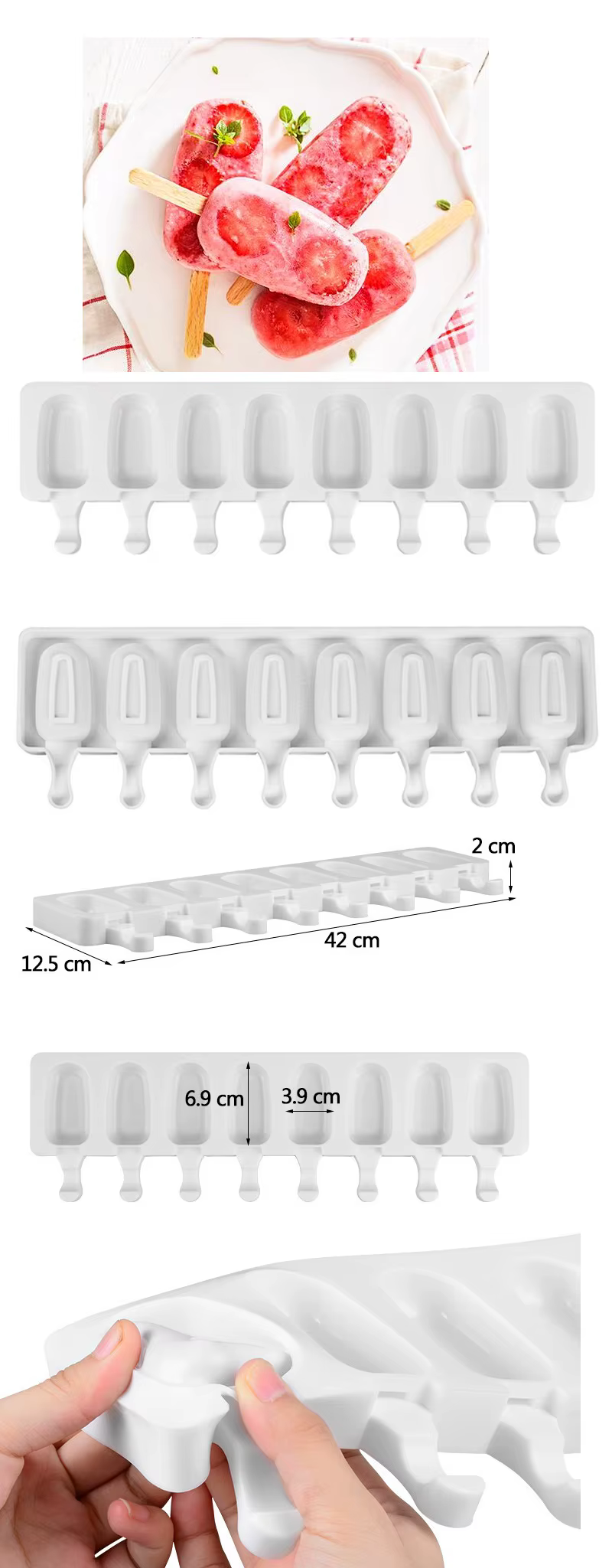 2285 – Moule Glace 8 Cellules, Moule à Glace en Silicone avec 20 Batonnets neuf – Image 2