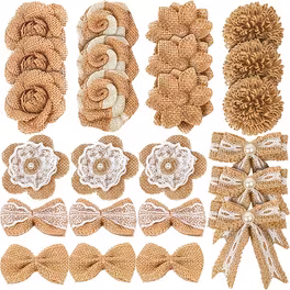 2803 – Lot de 24 fleurs et nœuds en toile de jute neuf